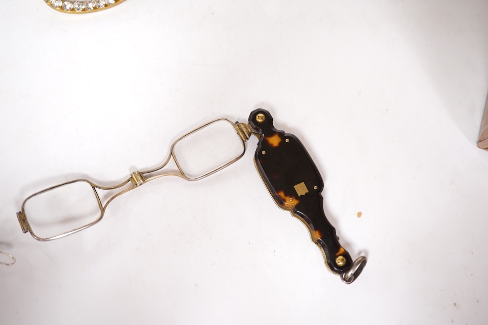 A small quantity of assorted mainly costume jewellery and other items, including a paste set buckle, two cut steel ornaments, a 10k and cultured pearl set ring, enamelled pencil, tortoiseshell lorgnettes, an Edward I Iri